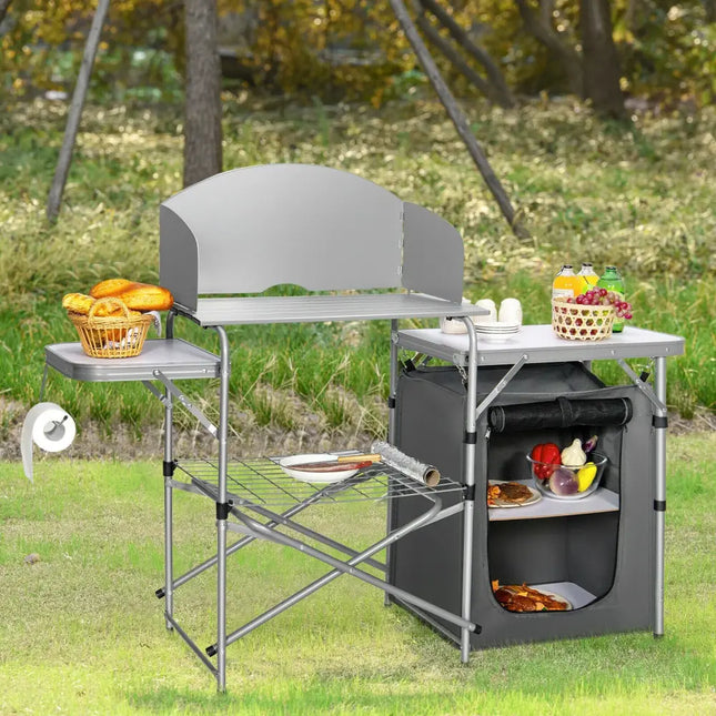 Foldable Outdoor BBQ Portable Grilling Table With Windscreen Bag-Gray - Gray - Camping Furniture