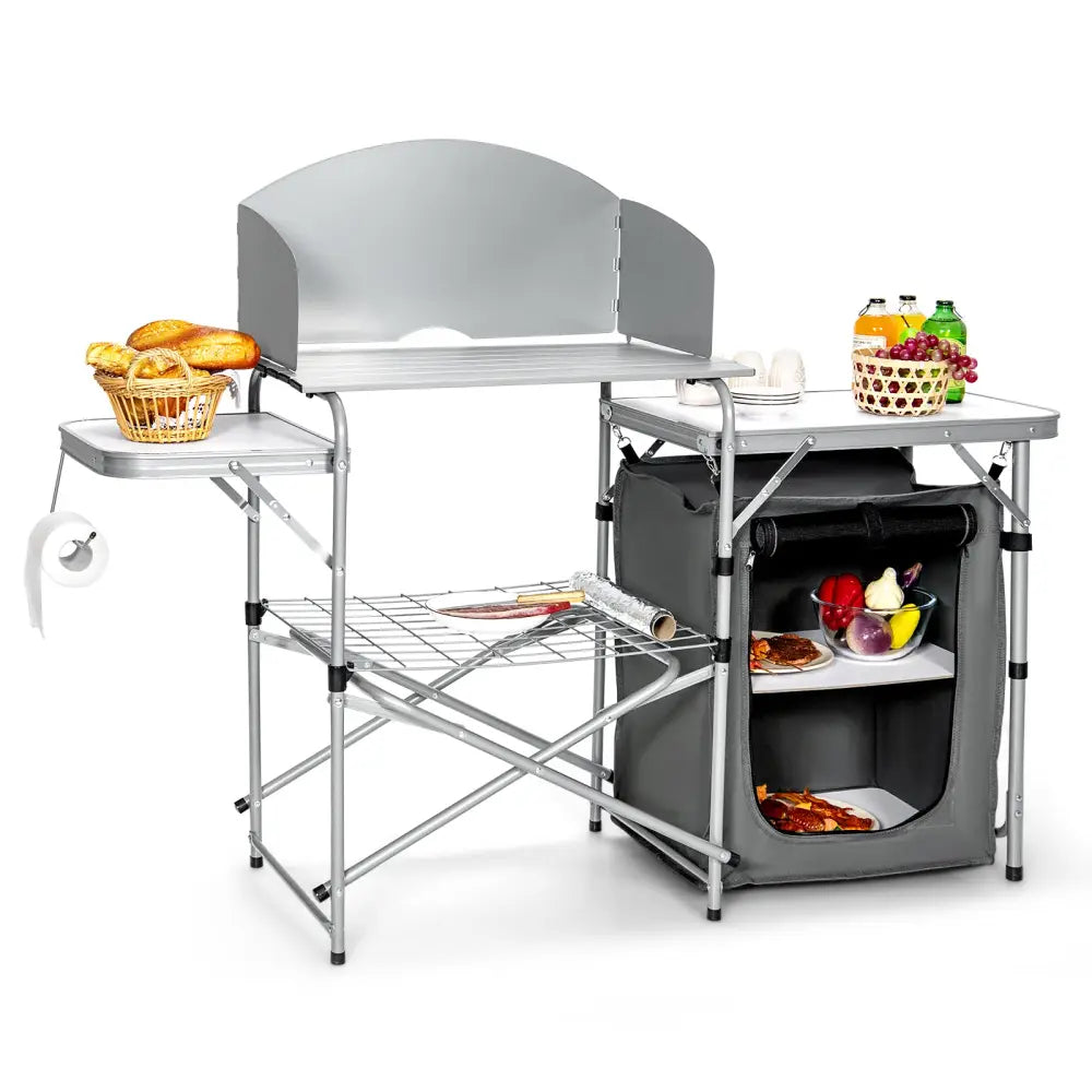 Foldable Outdoor BBQ Portable Grilling Table With Windscreen Bag-Gray - Gray - Camping Furniture