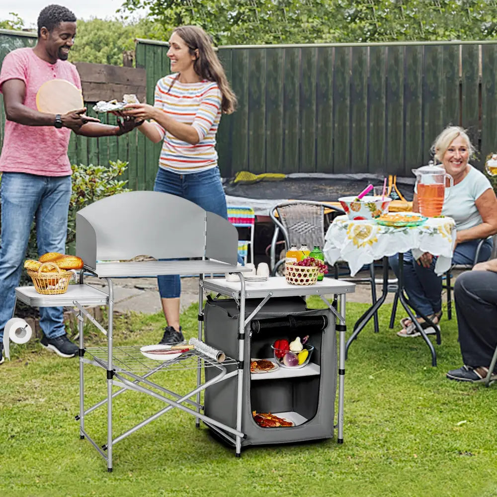 Foldable Outdoor BBQ Portable Grilling Table With Windscreen Bag-Gray - Gray - Camping Furniture
