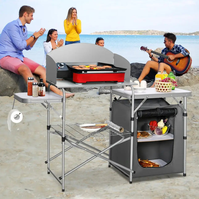 Foldable Outdoor BBQ Portable Grilling Table With Windscreen Bag-Gray - Gray - Camping Furniture