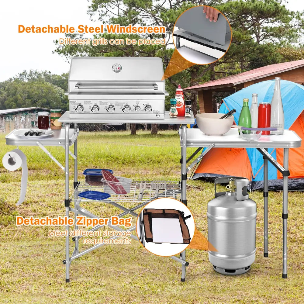 Foldable Outdoor BBQ Portable Grilling Table With Windscreen Bag-Gray - Gray - Camping Furniture