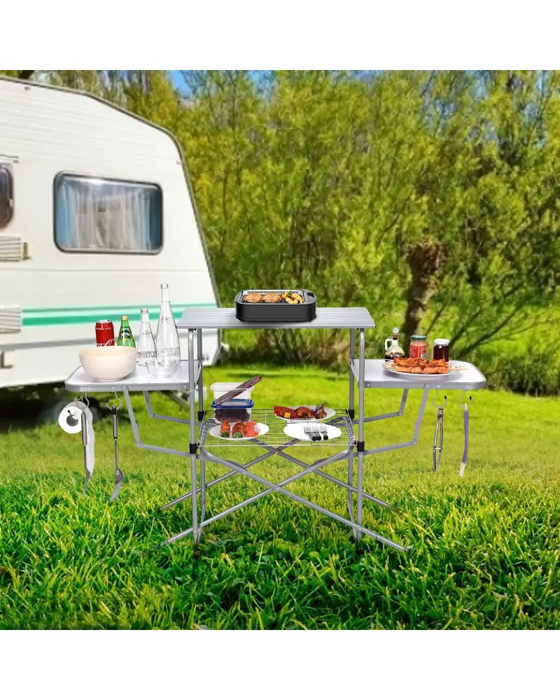 Foldable Outdoor BBQ Table Grilling Stand - Silver - Camping Furniture