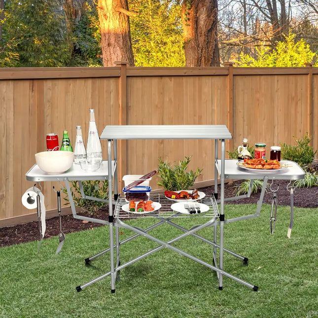 Foldable Outdoor BBQ Table Grilling Stand - Silver - Camping Furniture