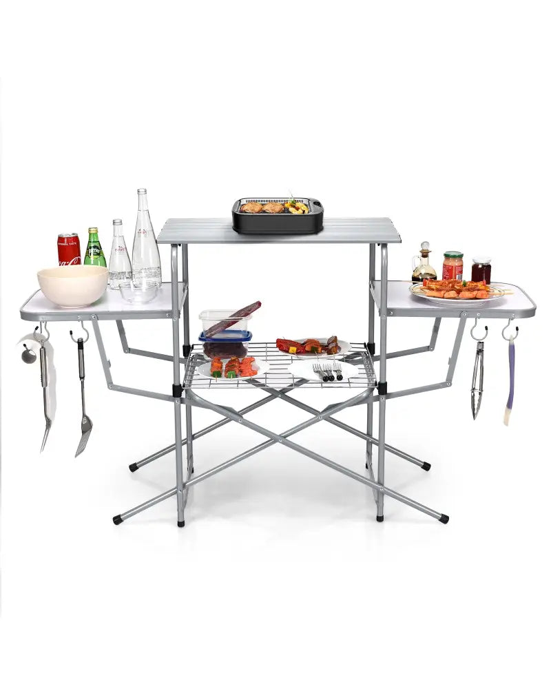 Foldable Outdoor BBQ Table Grilling Stand - Silver - Camping Furniture