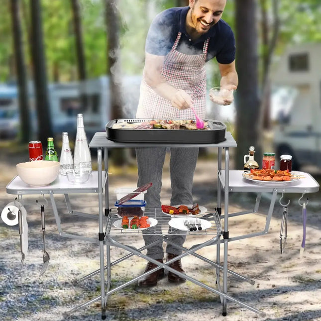 Foldable Outdoor BBQ Table Grilling Stand - Silver - Camping Furniture