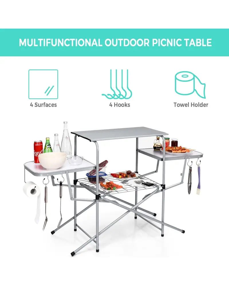 Foldable Outdoor BBQ Table Grilling Stand - Silver - Camping Furniture