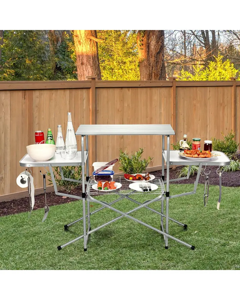 Foldable Outdoor BBQ Table Grilling Stand - Silver - Camping Furniture