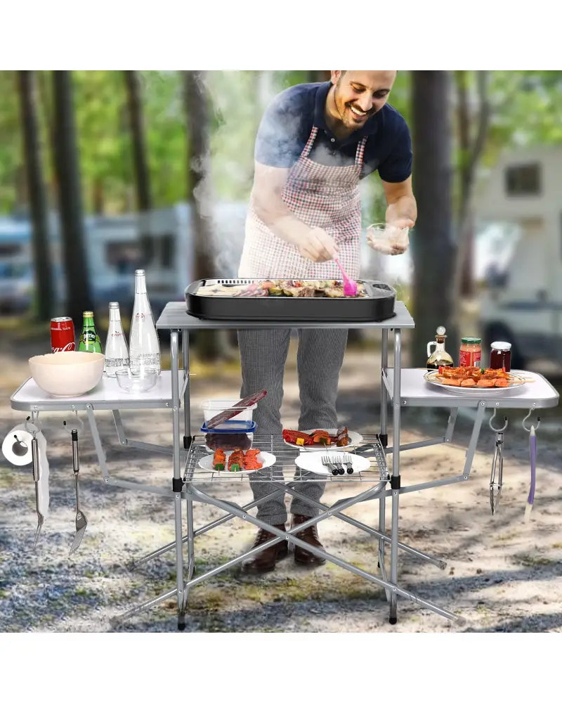 Foldable Outdoor BBQ Table Grilling Stand - Silver - Camping Furniture