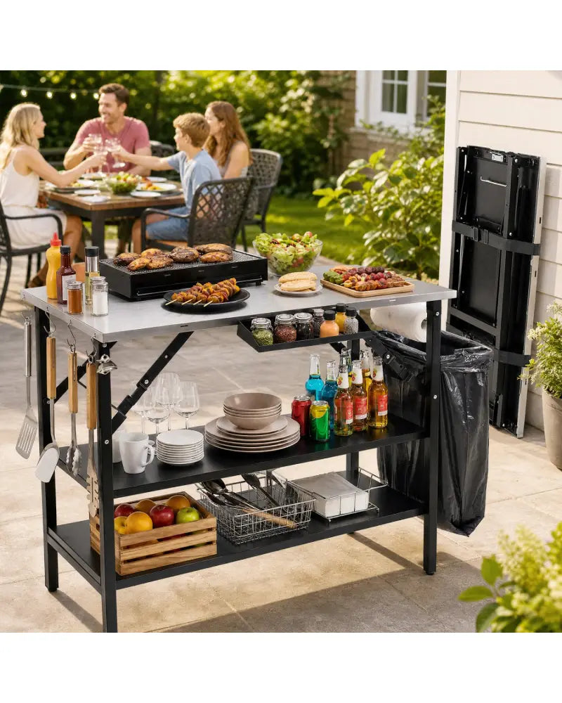 Foldable Outdoor Cook Station with Removable Shelves & Trash Bag Holder for Camping-Black - Black - Outdoor Grills