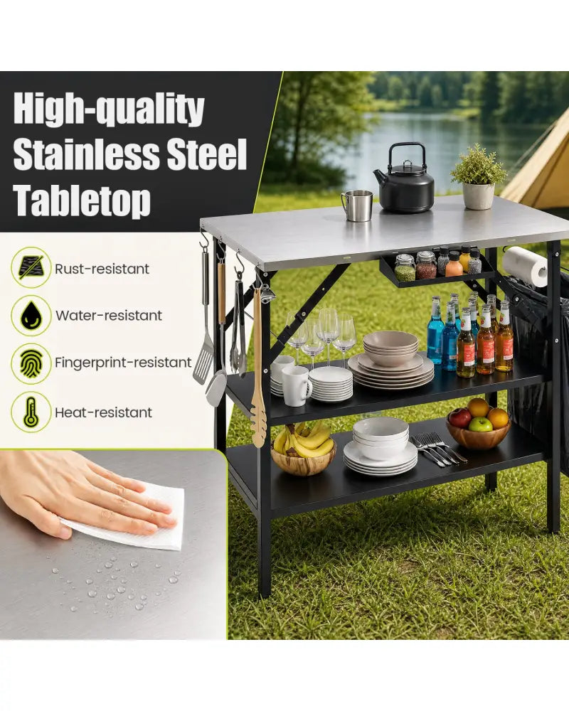 Foldable Outdoor Cook Station with Removable Shelves & Trash Bag Holder for Camping-Black - Black - Outdoor Grills