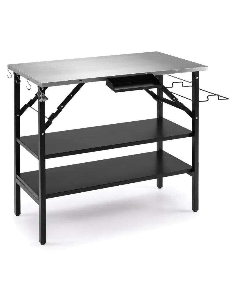 Foldable Outdoor Cook Station with Removable Shelves & Trash Bag Holder for Camping-Black - Black - Outdoor Grills