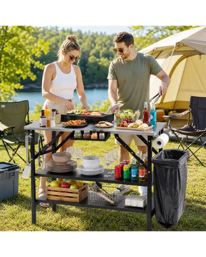 Foldable Outdoor Cook Station with Removable Shelves & Trash Bag Holder for Camping-Black - Black - Outdoor Grills