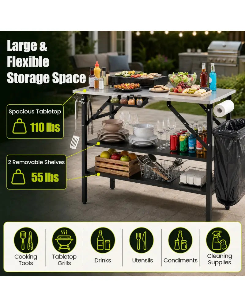 Foldable Outdoor Cook Station with Removable Shelves & Trash Bag Holder for Camping-Black - Black - Outdoor Grills