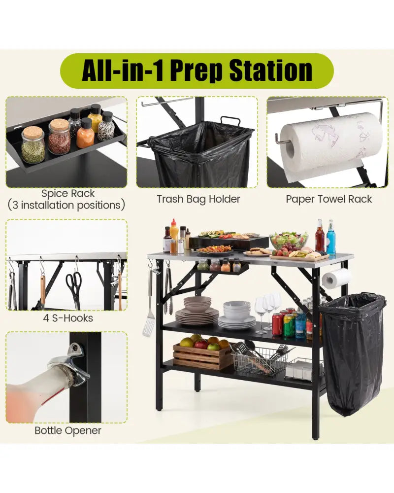 Foldable Outdoor Cook Station with Removable Shelves & Trash Bag Holder for Camping-Black - Black - Outdoor Grills