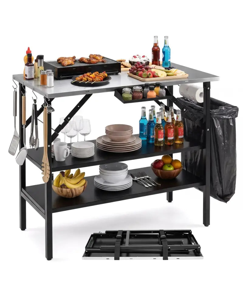 Foldable Outdoor Cook Station with Removable Shelves & Trash Bag Holder for Camping-Black - Black - Outdoor Grills