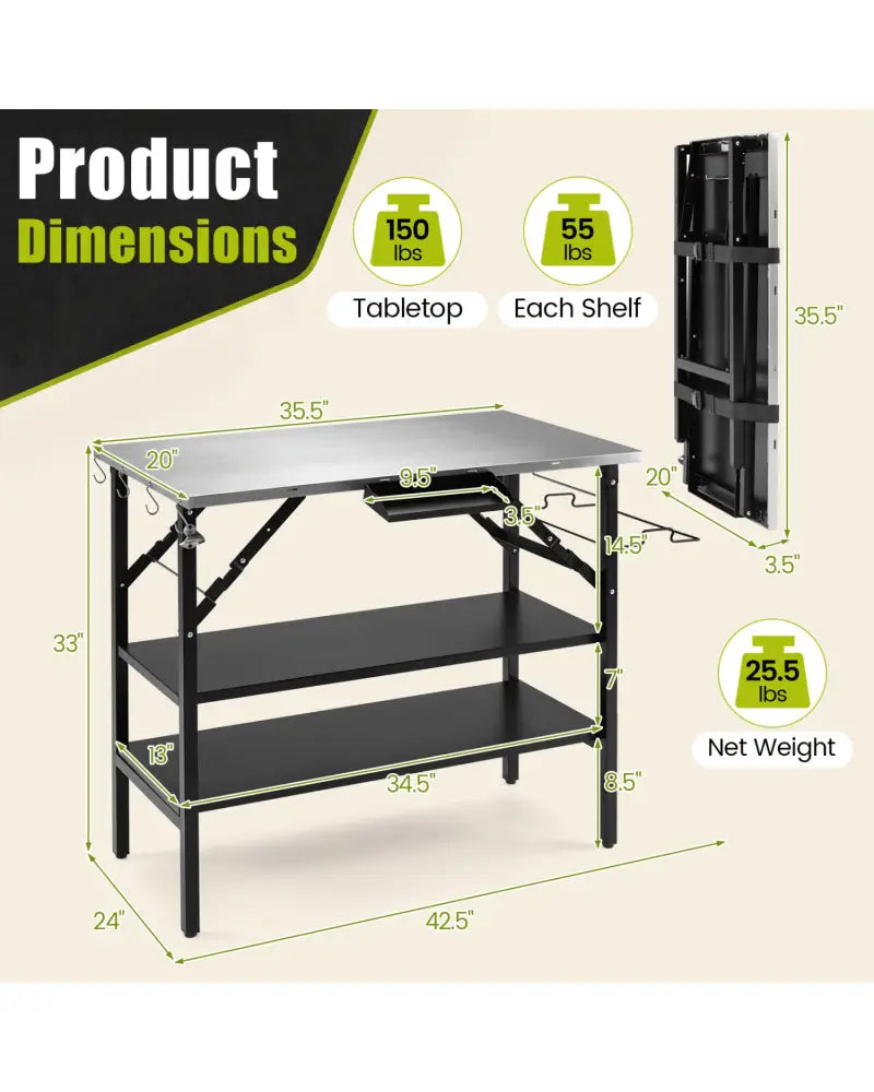 Foldable Outdoor Cook Station with Removable Shelves & Trash Bag Holder for Camping-Black - Black - Outdoor Grills
