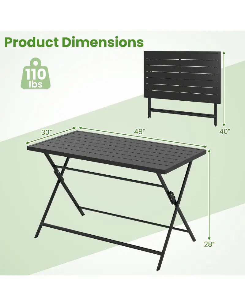 Foldable Outdoor Dining Table 48inch x 30inch Rectangular Metal Patio Table with Slatted Tabletop-Black - Black - Patio