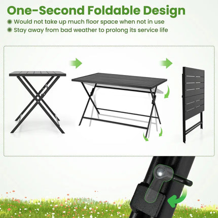 Foldable Outdoor Dining Table 48inch x 30inch Rectangular Metal Patio Table with Slatted Tabletop-Black - Black - Patio