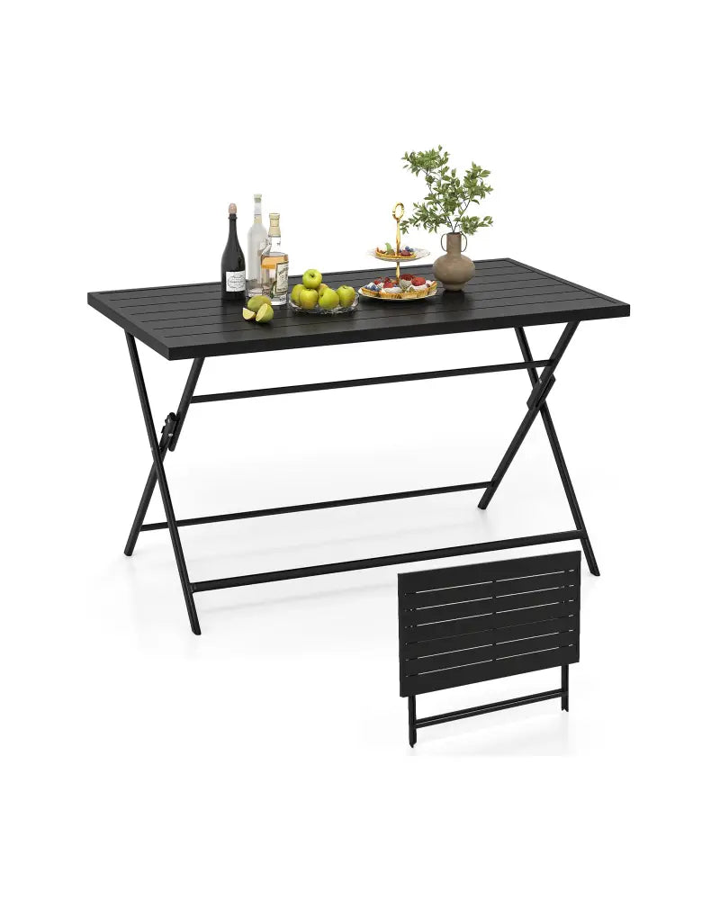 Foldable Outdoor Dining Table 48inch x 30inch Rectangular Metal Patio Table with Slatted Tabletop-Black - Black - Patio