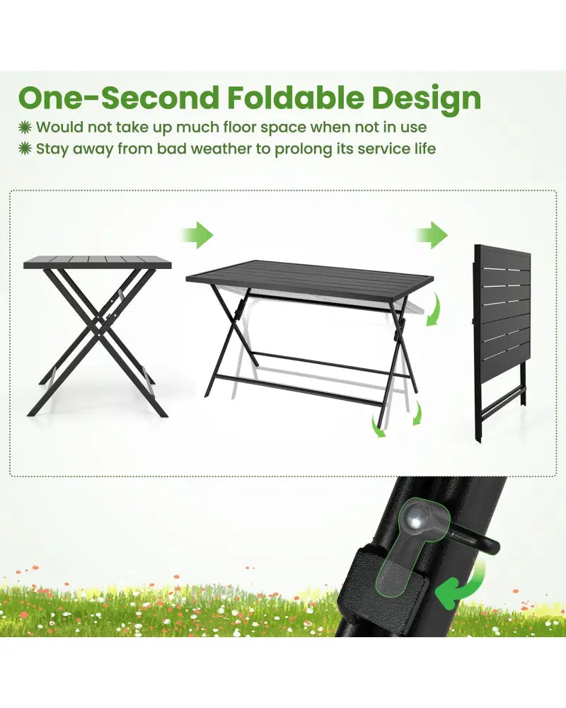 Foldable Outdoor Dining Table 48inch x 30inch Rectangular Metal Patio Table with Slatted Tabletop-Black - Black - Patio