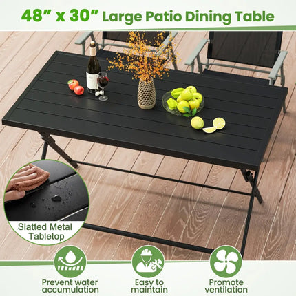 Foldable Outdoor Dining Table 48inch x 30inch Rectangular Metal Patio Table with Slatted Tabletop-Black - Black - Patio