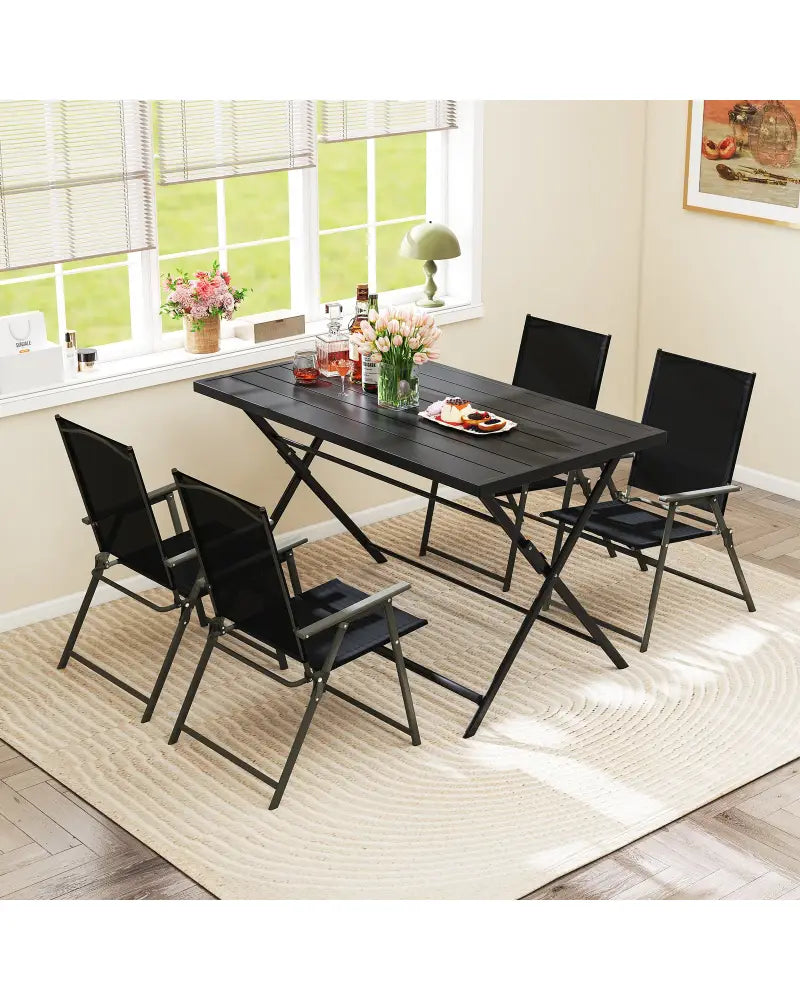 Foldable Outdoor Dining Table 48inch x 30inch Rectangular Metal Patio Table with Slatted Tabletop-Black - Black - Patio