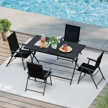 Foldable Outdoor Dining Table 48inch x 30inch Rectangular Metal Patio Table with Slatted Tabletop-Black - Black - Patio