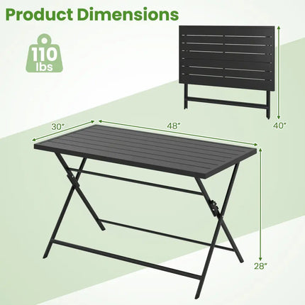 Foldable Outdoor Dining Table 48inch x 30inch Rectangular Metal Patio Table with Slatted Tabletop-Black - Black - Patio