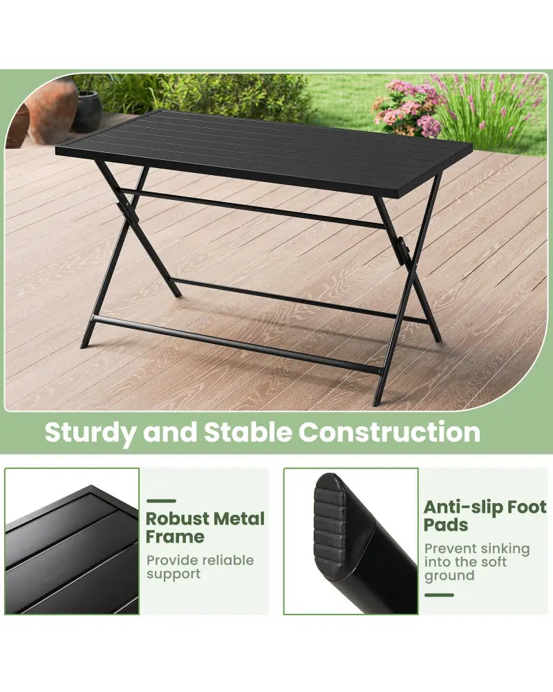 Foldable Outdoor Dining Table 48inch x 30inch Rectangular Metal Patio Table with Slatted Tabletop-Black - Black - Patio