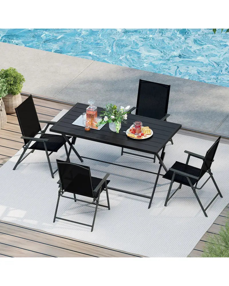 Foldable Outdoor Dining Table 48inch x 30inch Rectangular Metal Patio Table with Slatted Tabletop-Black - Black - Patio