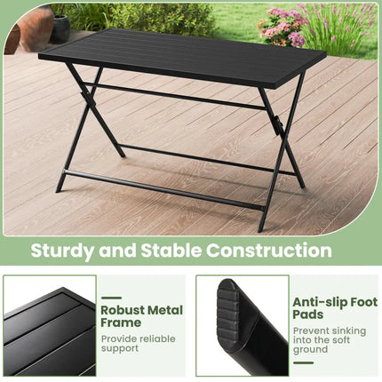 Foldable Outdoor Dining Table 48inch x 30inch Rectangular Metal Patio Table with Slatted Tabletop-Black - Black - Patio