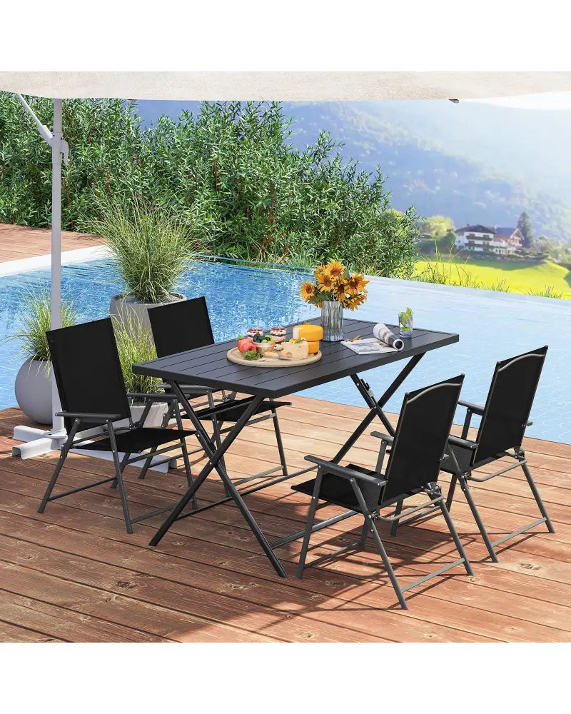 Foldable Outdoor Dining Table 48inch x 30inch Rectangular Metal Patio Table with Slatted Tabletop-Black - Black - Patio