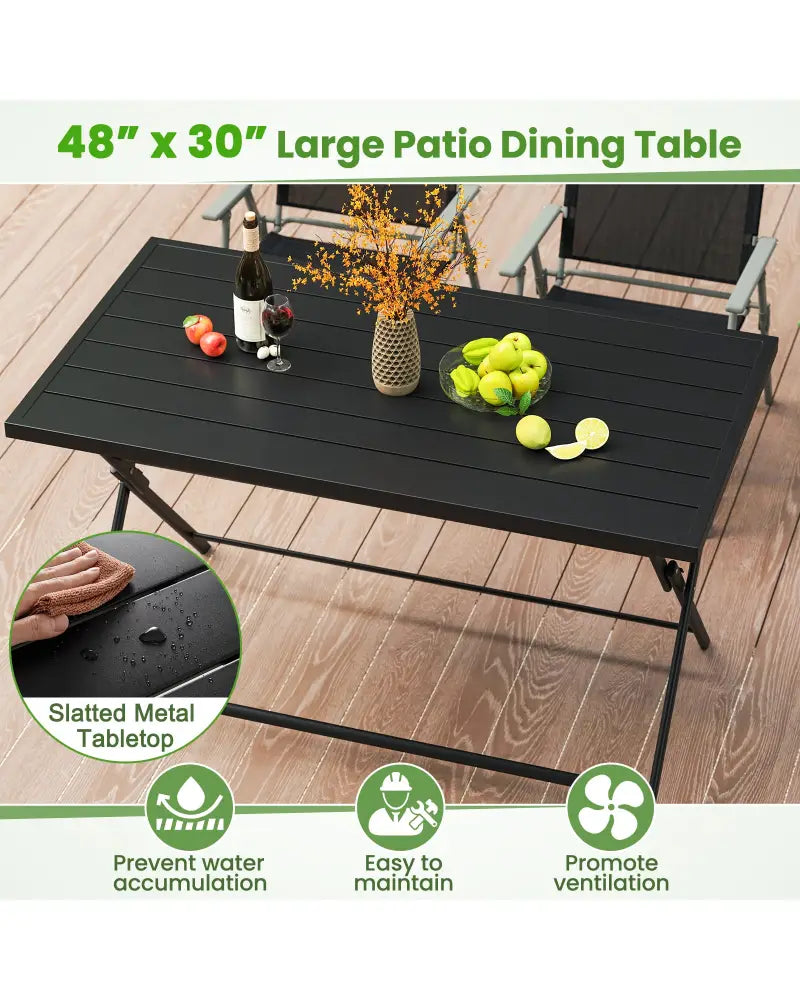 Foldable Outdoor Dining Table 48inch x 30inch Rectangular Metal Patio Table with Slatted Tabletop-Black - Black - Patio