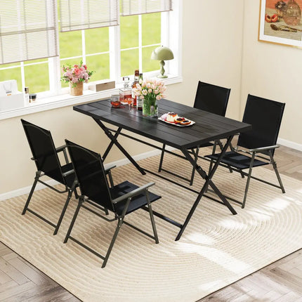 Foldable Outdoor Dining Table 48inch x 30inch Rectangular Metal Patio Table with Slatted Tabletop-Black - Black - Patio