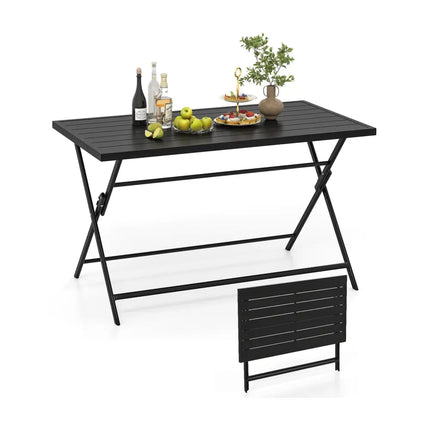 Foldable Outdoor Dining Table 48inch x 30inch Rectangular Metal Patio Table with Slatted Tabletop-Black - Black - Patio