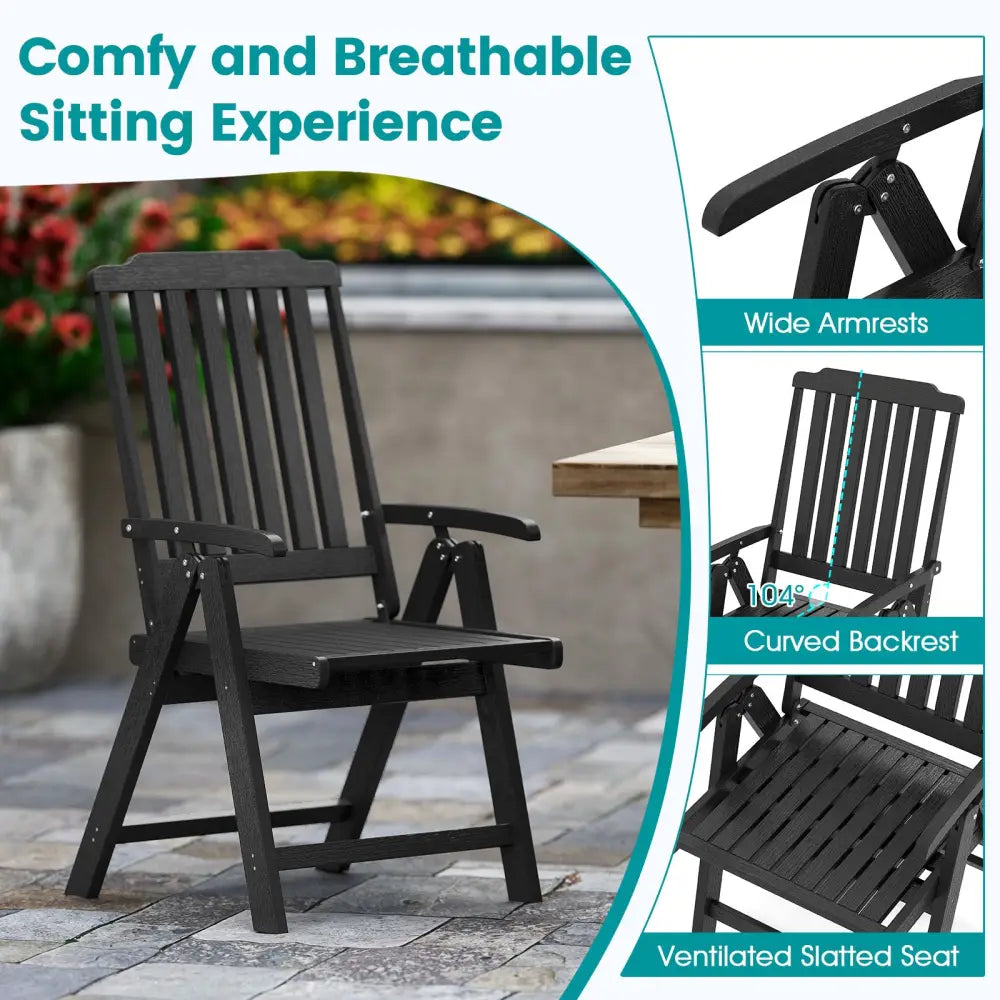 Foldable Patio Chair All-Weather HDPE Outdoor Dining Chair with Armrest-Black - Black - Patio Dining Chairs