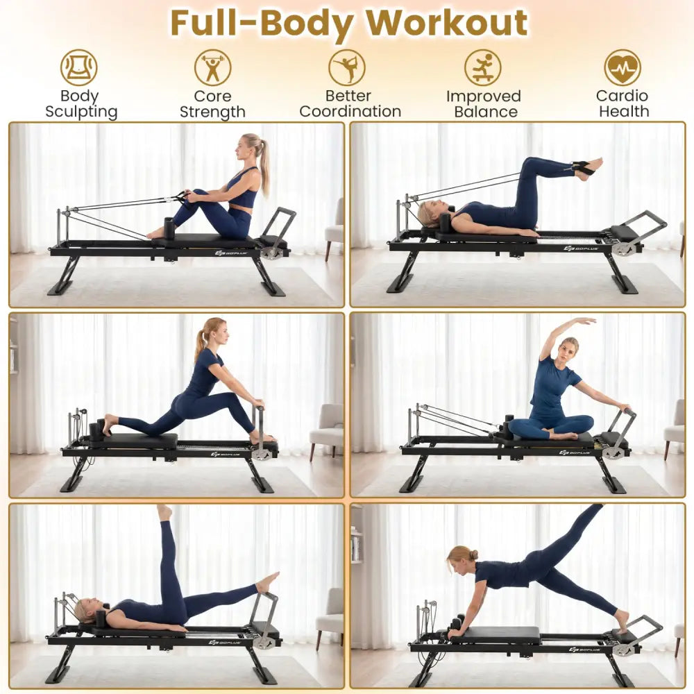Foldable Pilates Reformer Machine for Home Gym Large Pilates Equipment-Black - Black - Yoga Benches