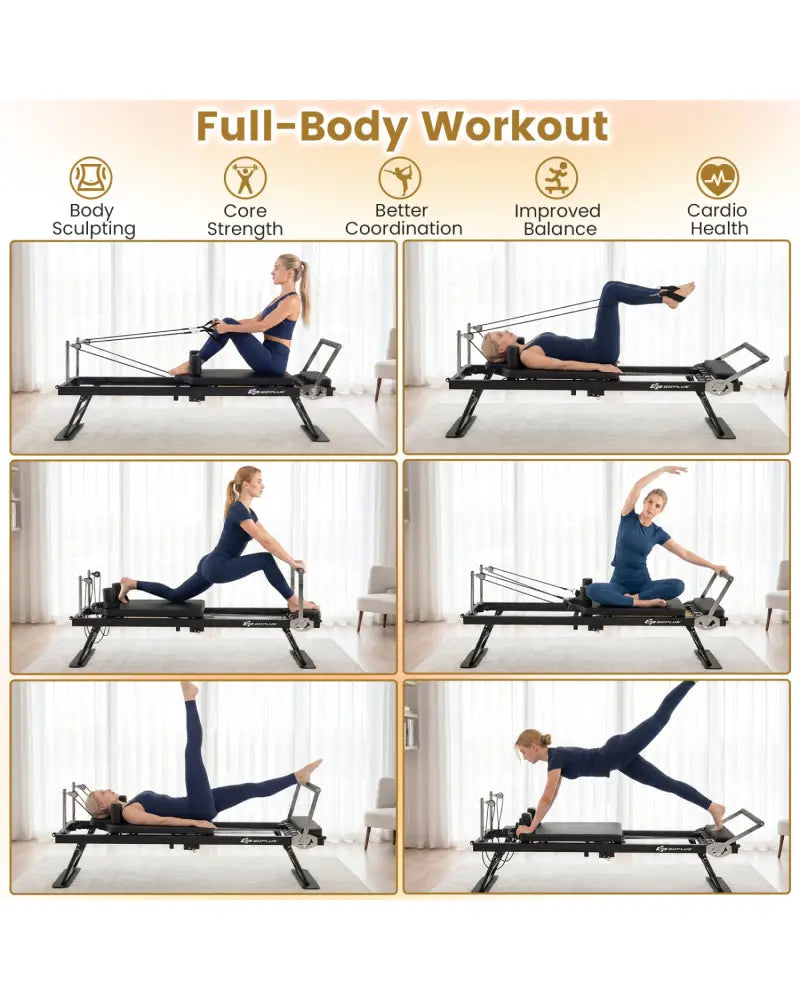 Foldable Pilates Reformer Machine for Home Gym Large Pilates Equipment-Black - Black - Yoga Benches