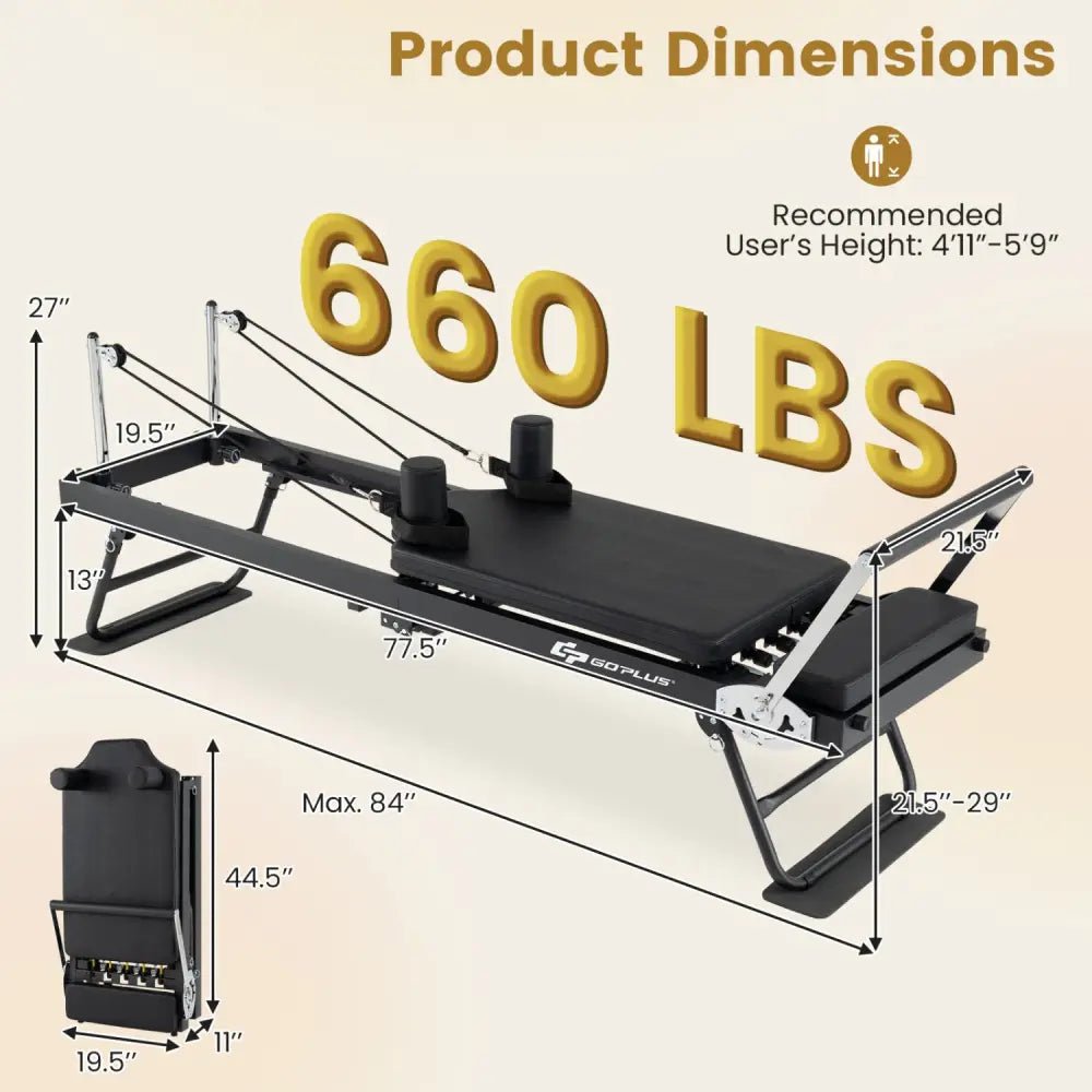Foldable Pilates Reformer Machine for Home Gym Large Pilates Equipment-Black - Black - Yoga Benches