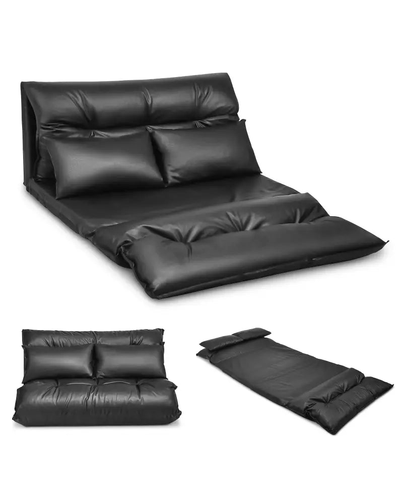 Foldable PU Leather Leisure Floor Sofa Bed with 2 Pillows-Black - Black - Floor Chairs