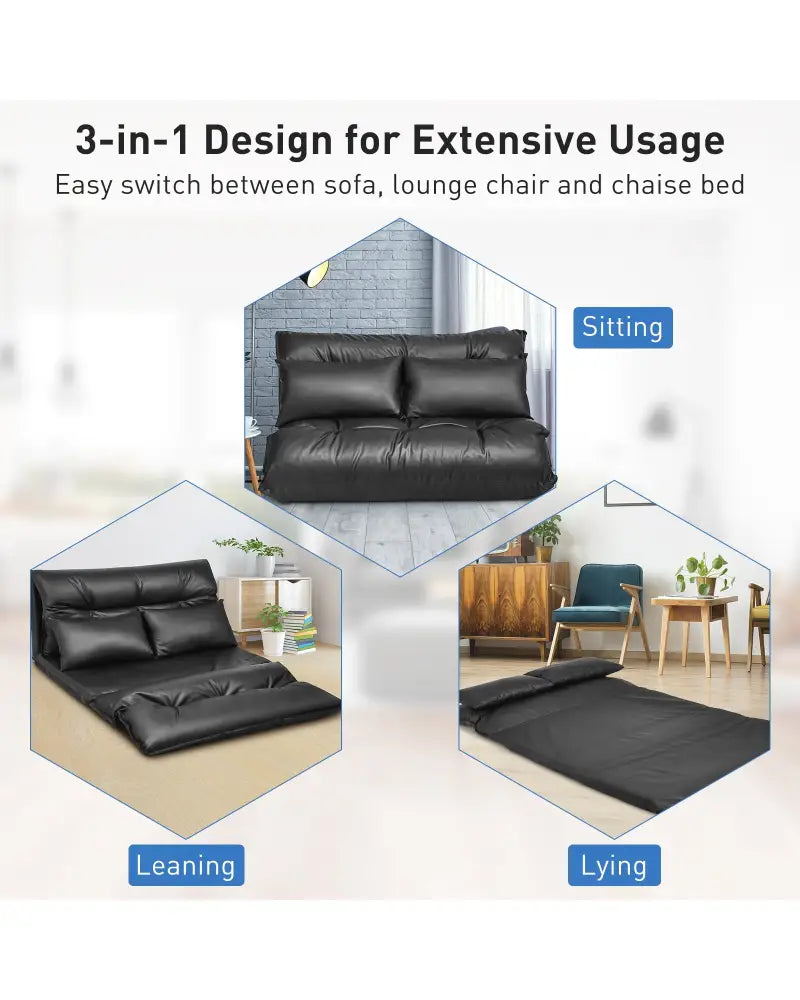 Foldable PU Leather Leisure Floor Sofa Bed with 2 Pillows-Black - Black - Floor Chairs