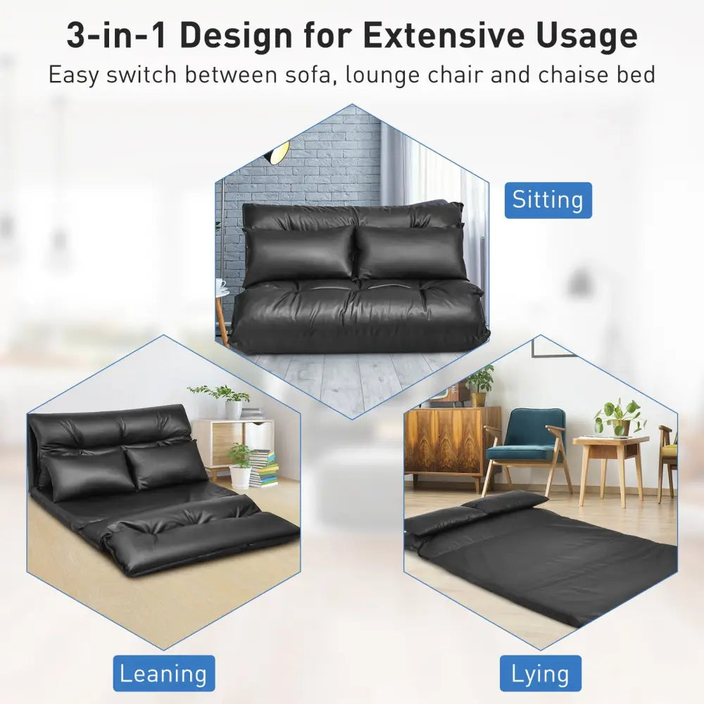 Foldable PU Leather Leisure Floor Sofa Bed with 2 Pillows-Black - Black - Floor Chairs