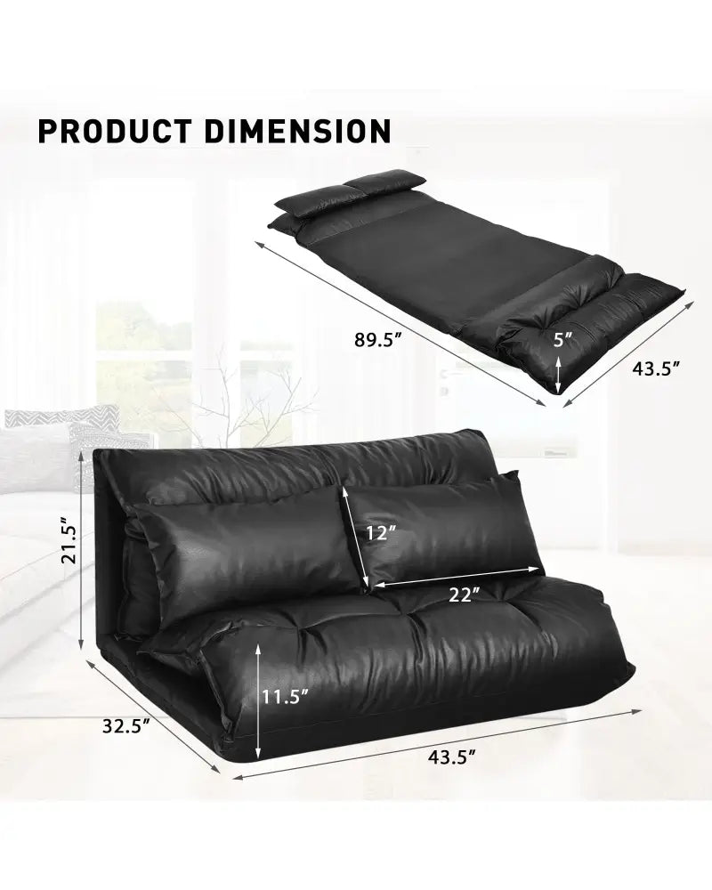Foldable PU Leather Leisure Floor Sofa Bed with 2 Pillows-Black - Black - Floor Chairs