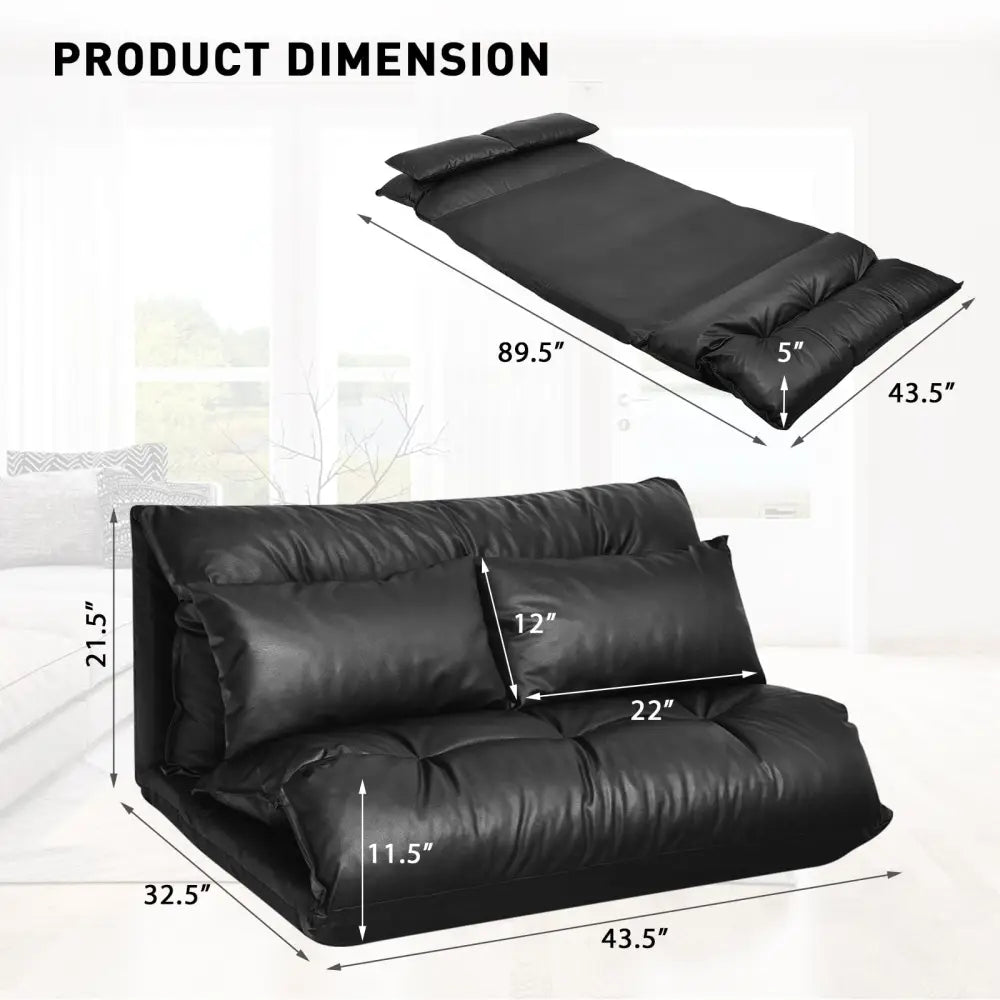 Foldable PU Leather Leisure Floor Sofa Bed with 2 Pillows-Black - Black - Floor Chairs