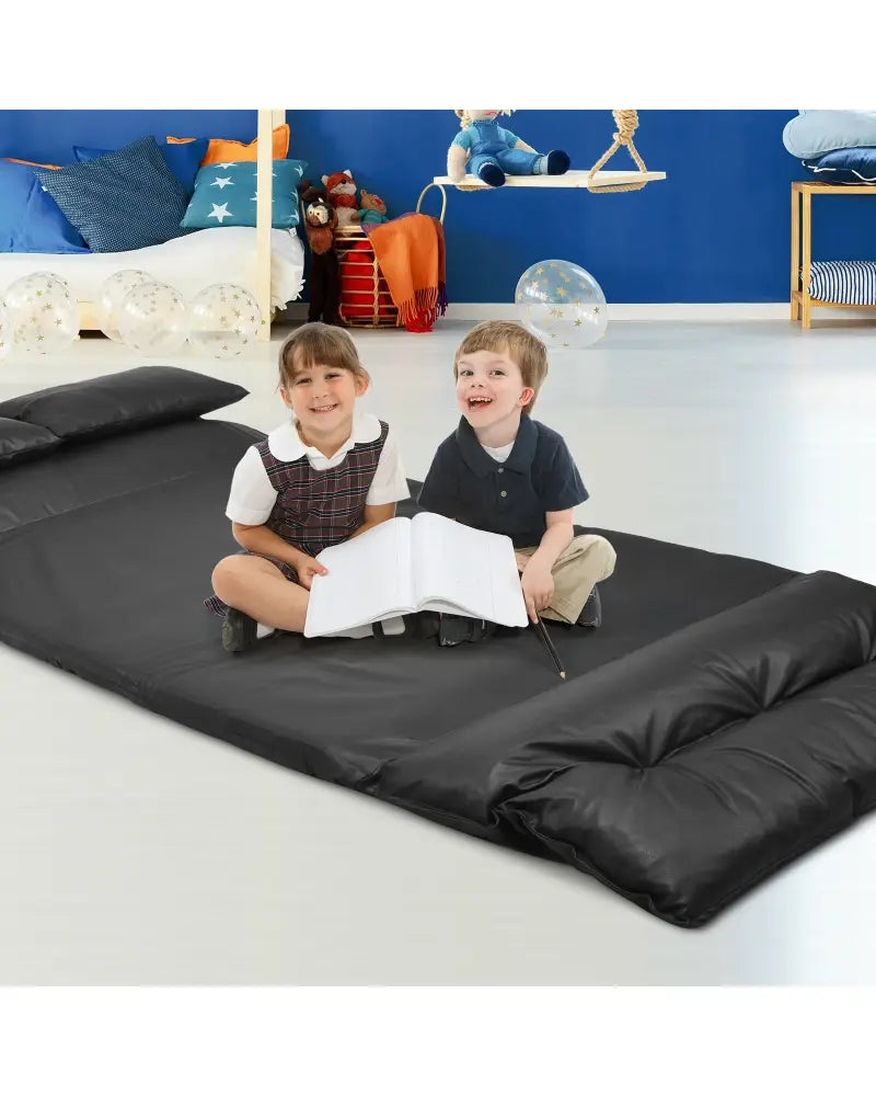 Foldable PU Leather Leisure Floor Sofa Bed with 2 Pillows-Black - Black - Floor Chairs