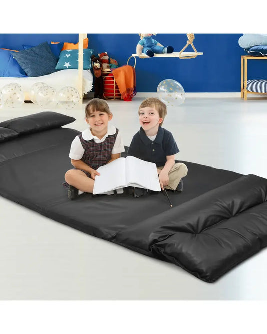 Foldable PU Leather Leisure Floor Sofa Bed with 2 Pillows-Black - Black - Floor Chairs