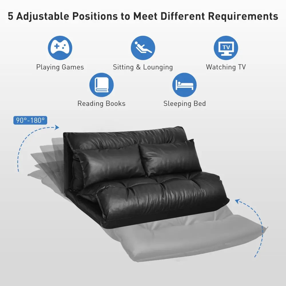 Foldable PU Leather Leisure Floor Sofa Bed with 2 Pillows-Black - Black - Floor Chairs