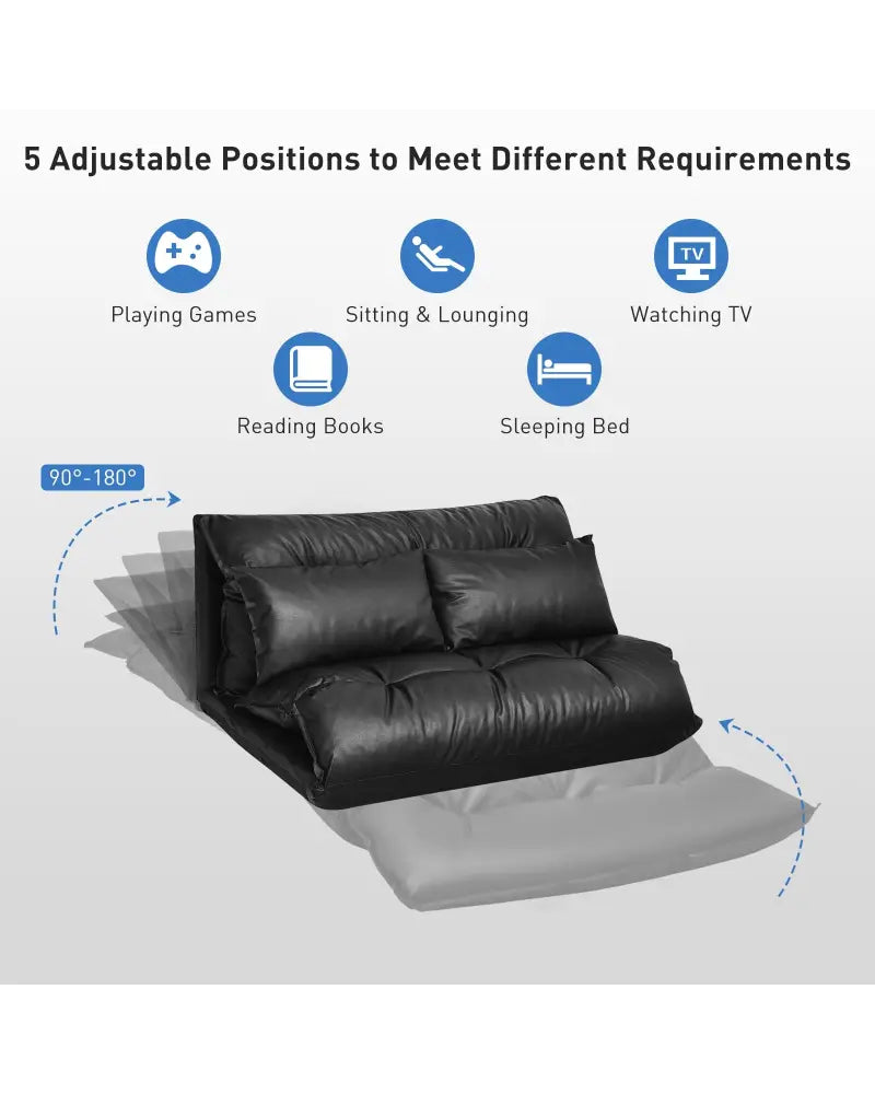 Foldable PU Leather Leisure Floor Sofa Bed with 2 Pillows-Black - Black - Floor Chairs