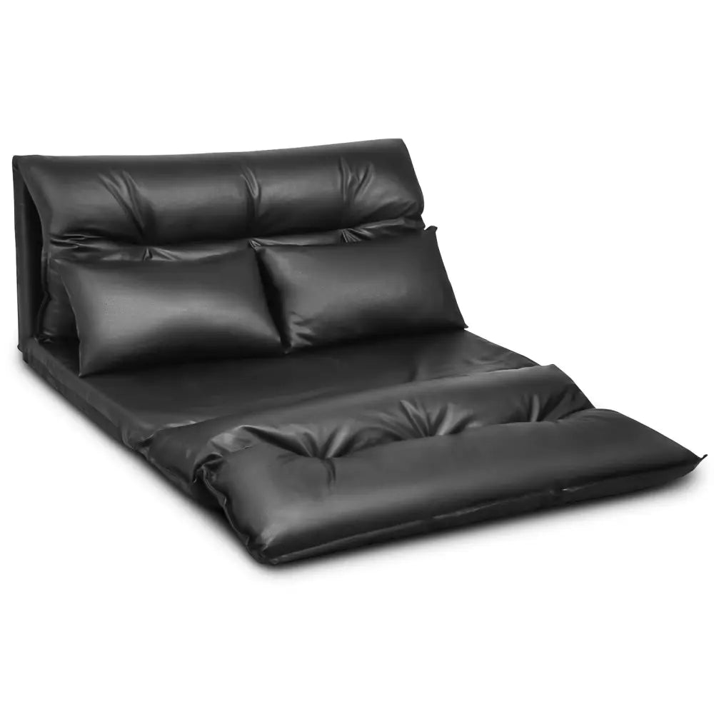 Foldable PU Leather Leisure Floor Sofa Bed with 2 Pillows-Black - Black - Floor Chairs