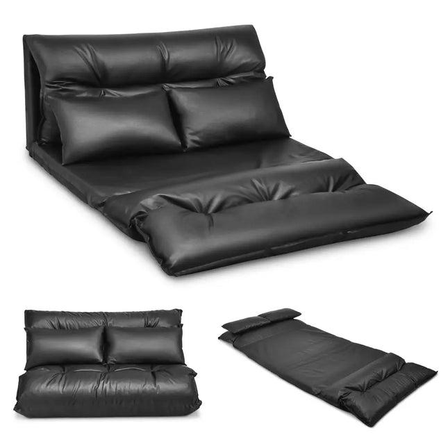 Foldable PU Leather Leisure Floor Sofa Bed with 2 Pillows-Black - Black - Floor Chairs